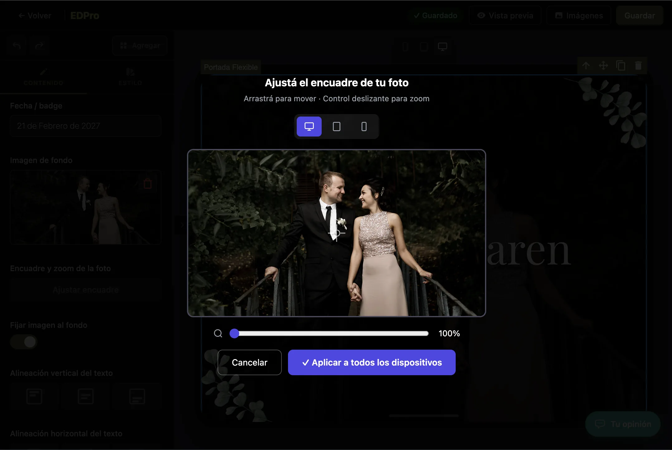 Captura del editor de invitaciones digitales en EDPro (2 de 27)