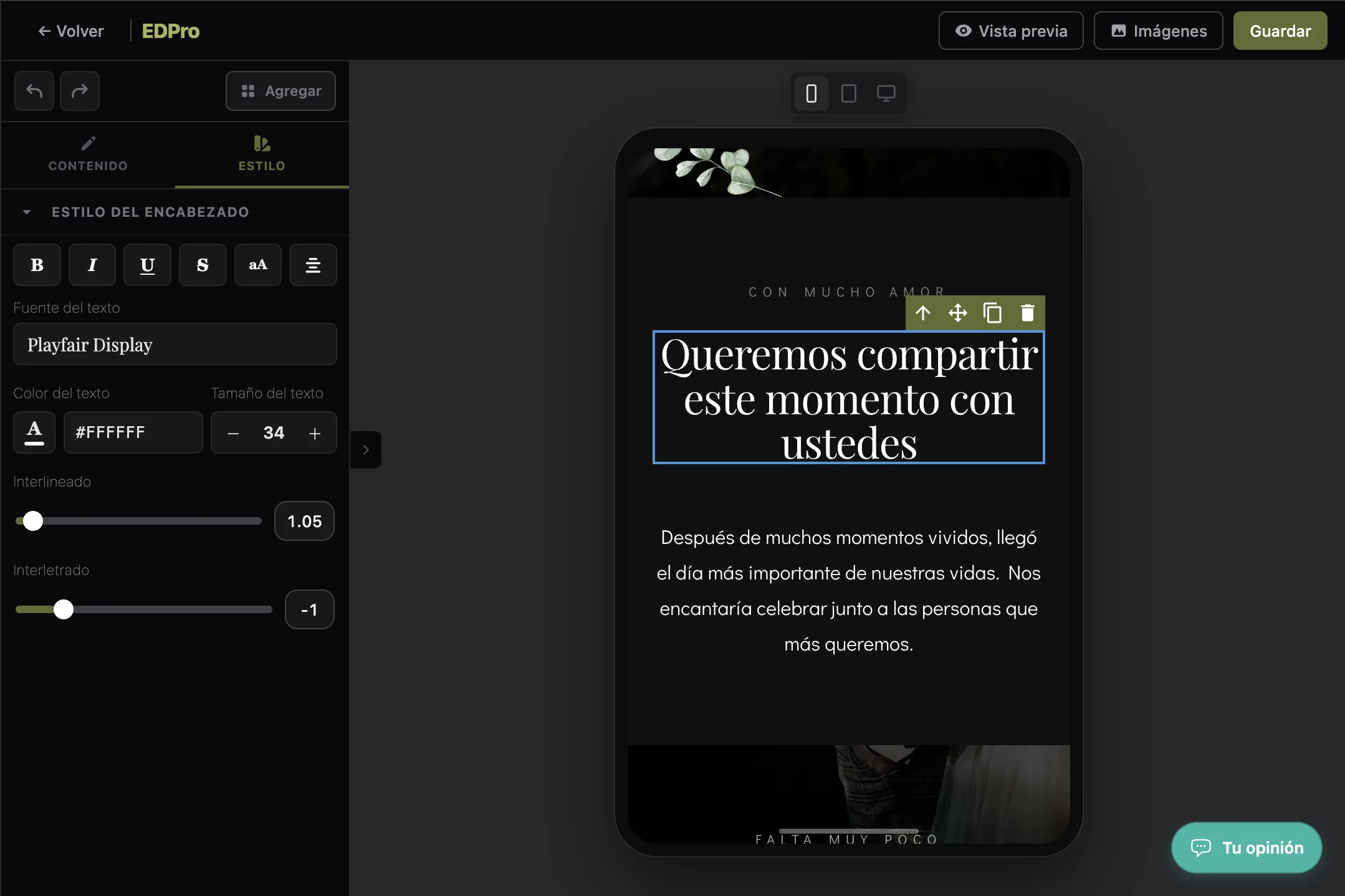 Captura del editor de invitaciones digitales en EDPro (4 de 27)