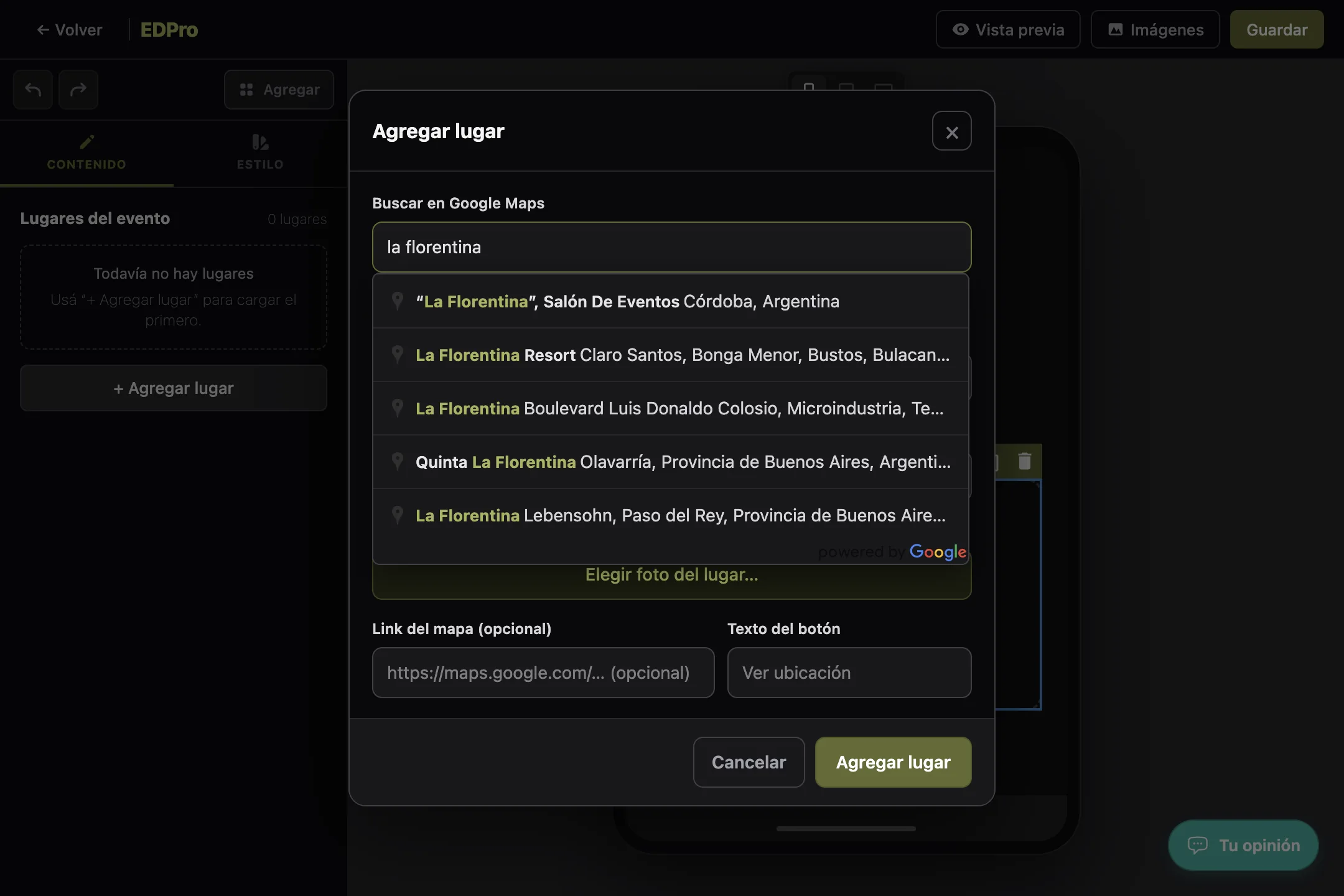 Captura del editor de invitaciones digitales en EDPro (5 de 27)