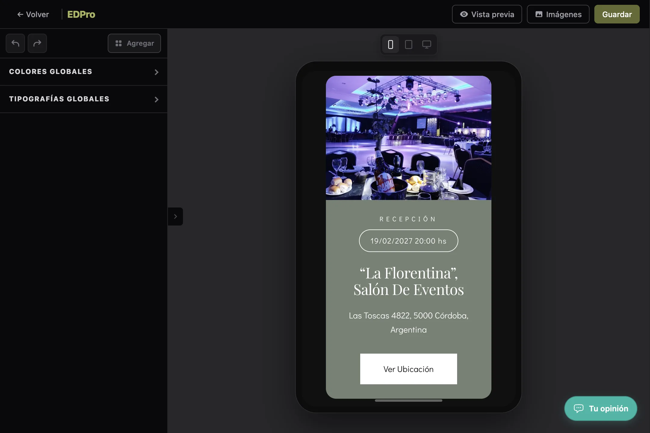 Captura del editor de invitaciones digitales en EDPro (7 de 27)