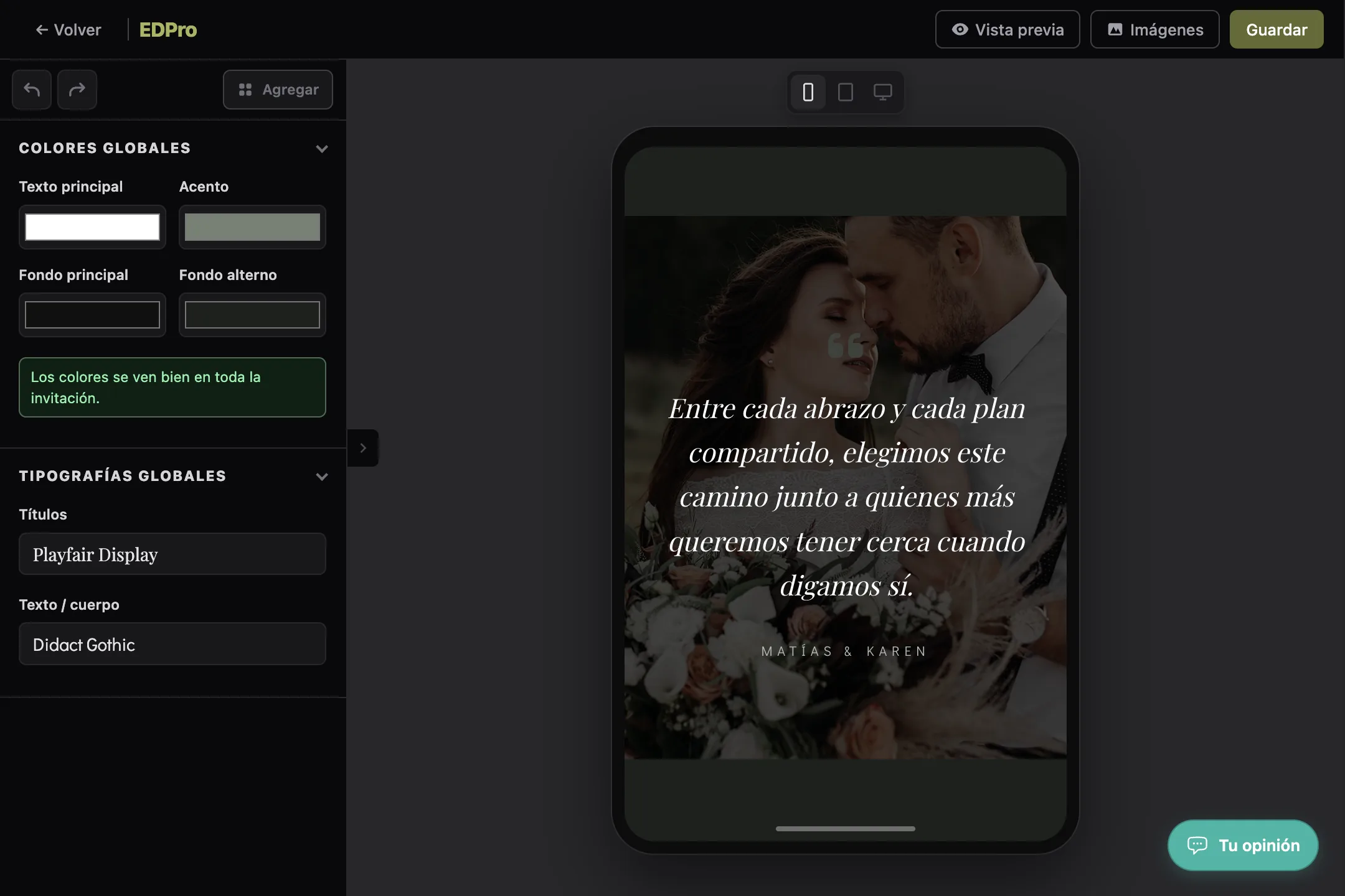 Captura del editor de invitaciones digitales en EDPro (8 de 27)