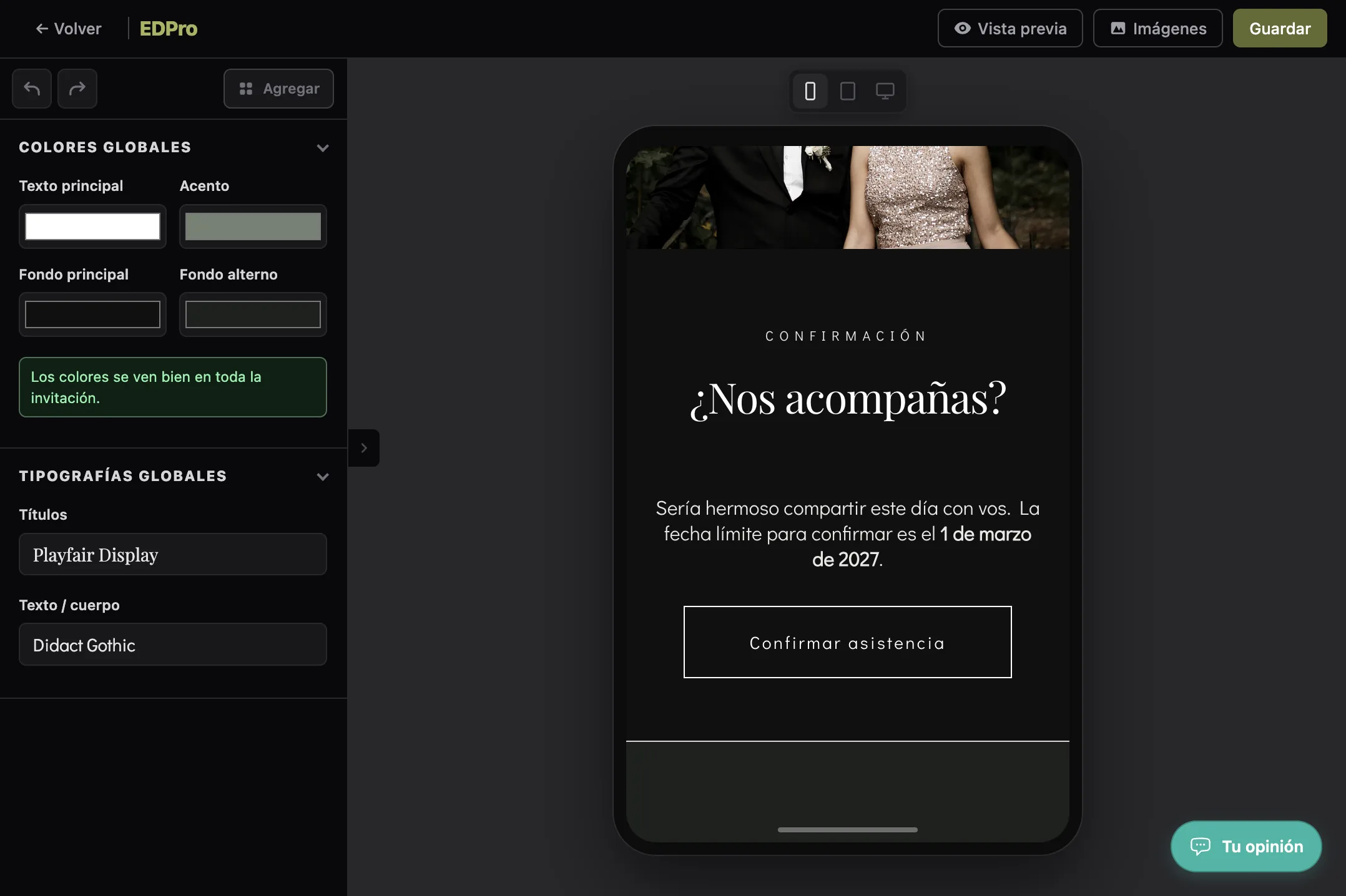 Captura del editor de invitaciones digitales en EDPro (9 de 27)