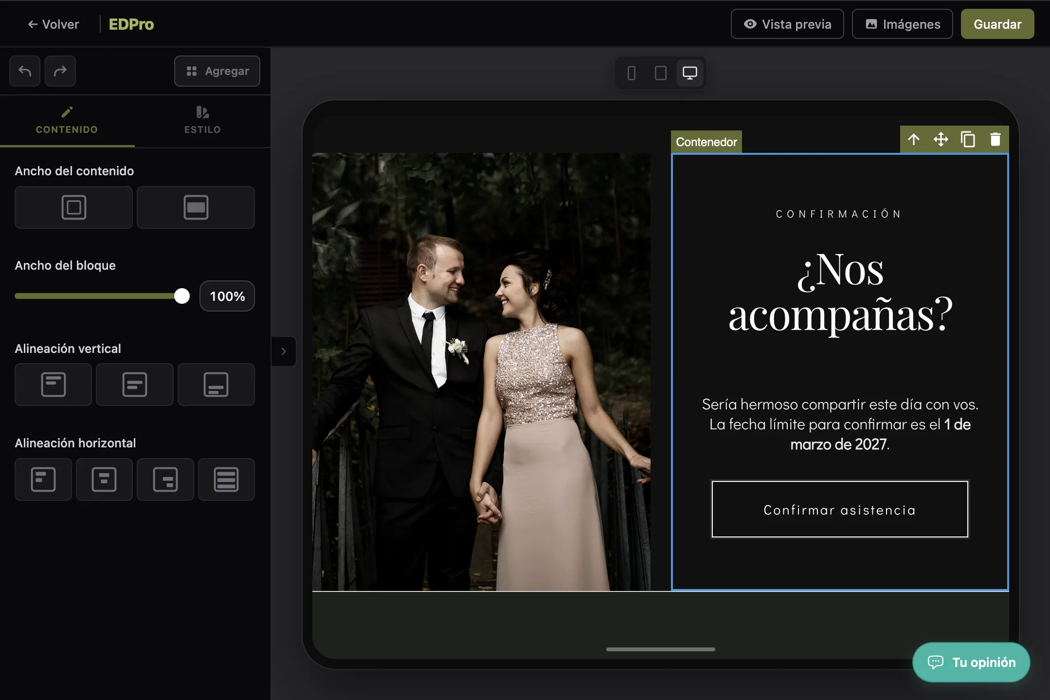 Captura del editor de invitaciones digitales en EDPro (10 de 27)
