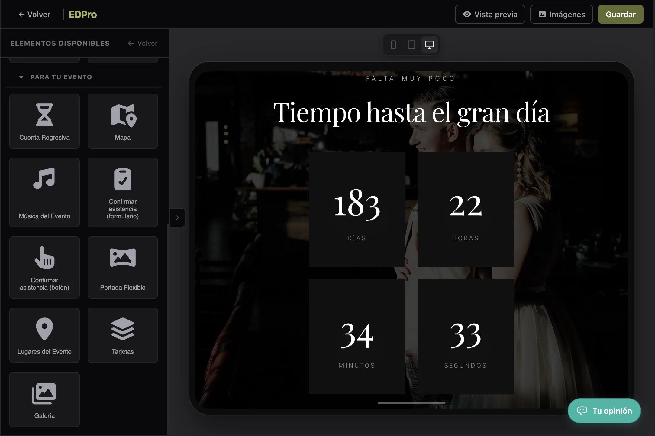 Captura del editor de invitaciones digitales en EDPro (11 de 27)