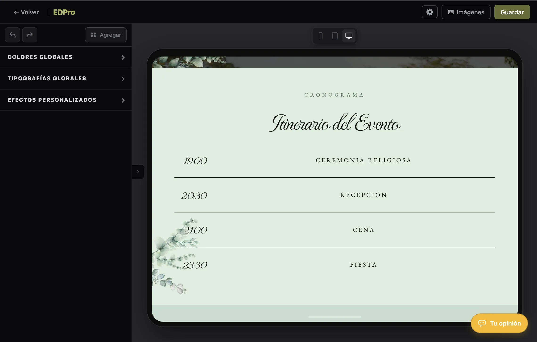 Captura del editor de invitaciones digitales en EDPro (15 de 27)