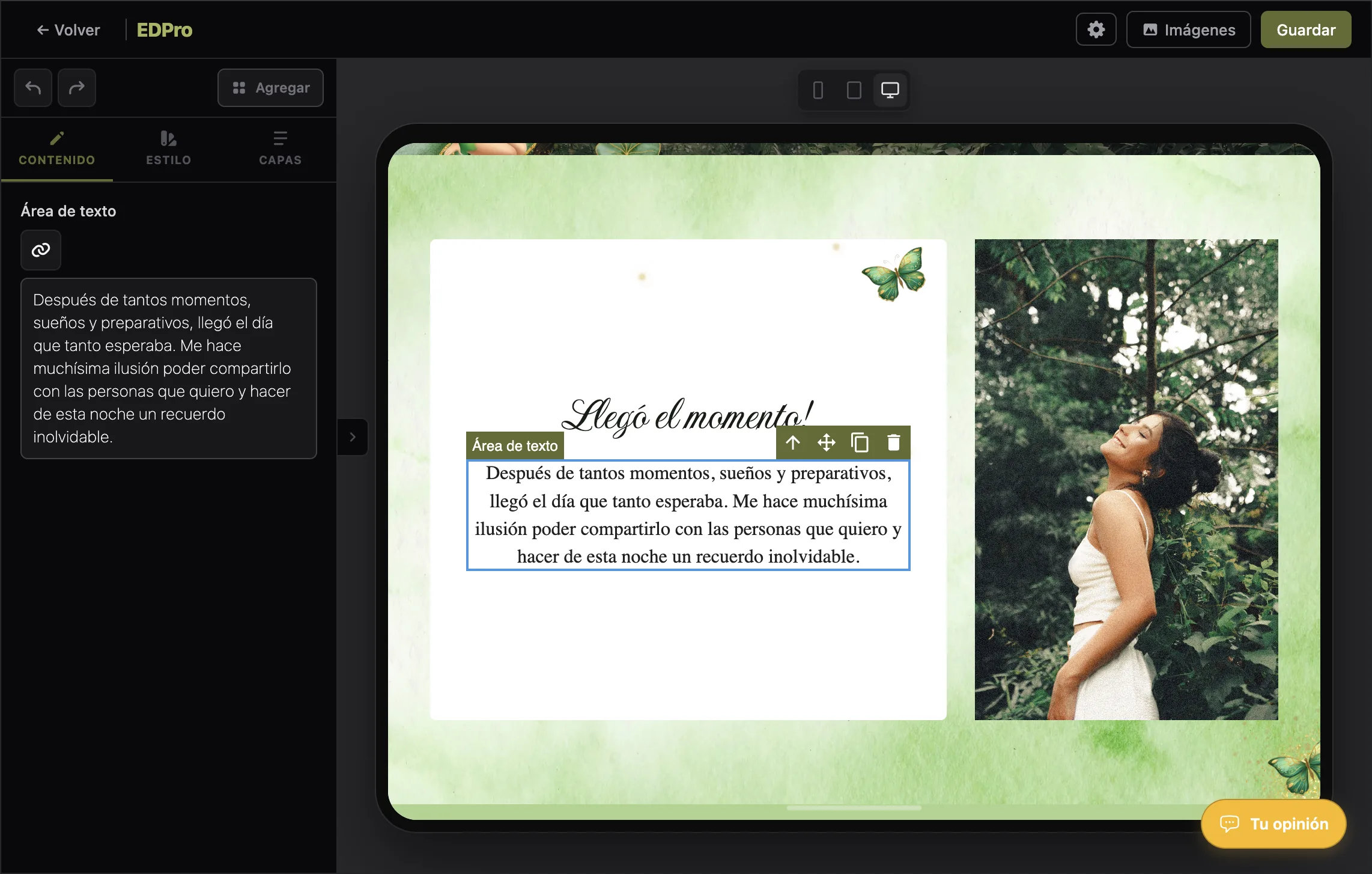 Captura del editor de invitaciones digitales en EDPro (18 de 27)