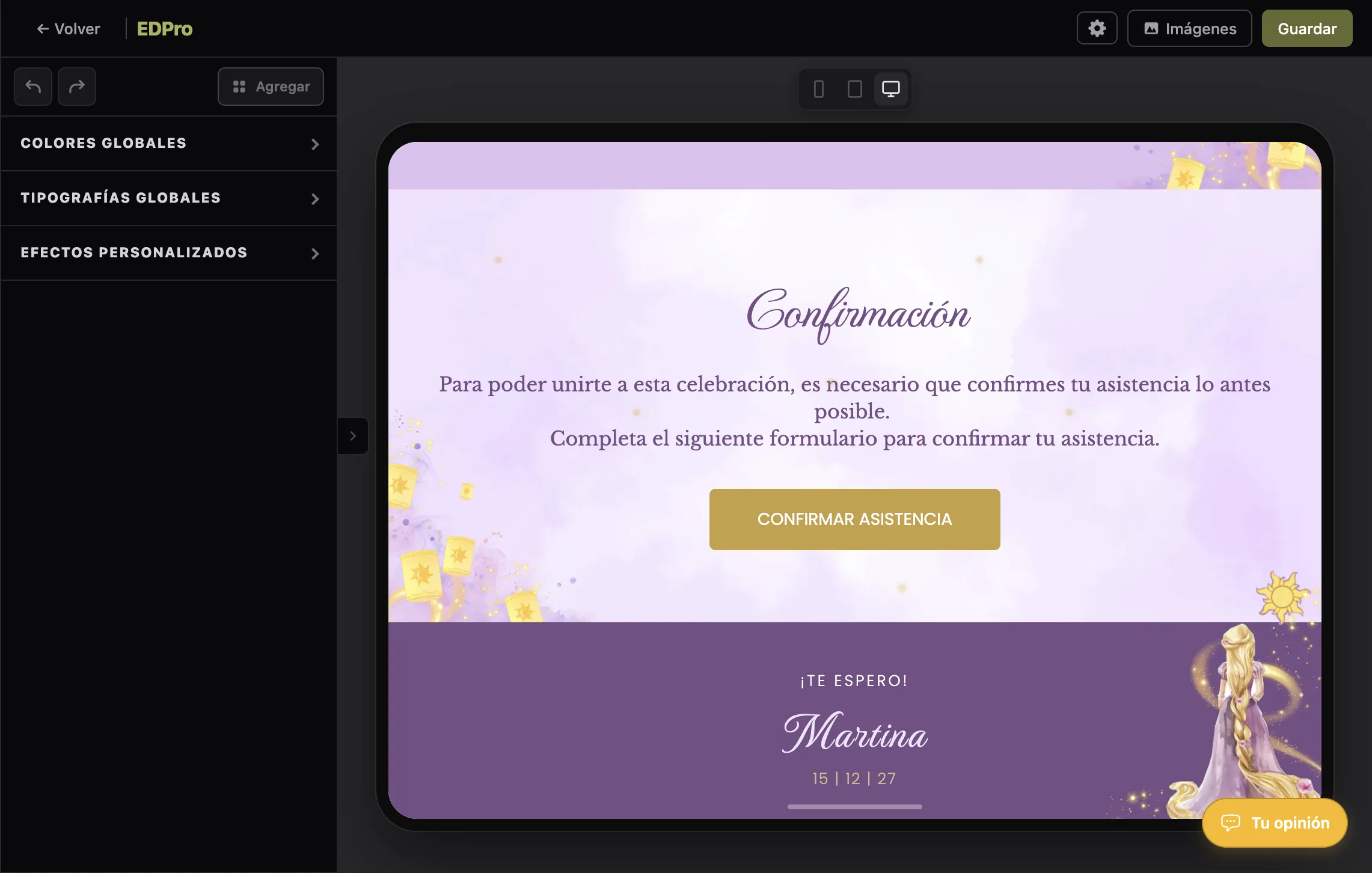 Captura del editor de invitaciones digitales en EDPro (21 de 27)